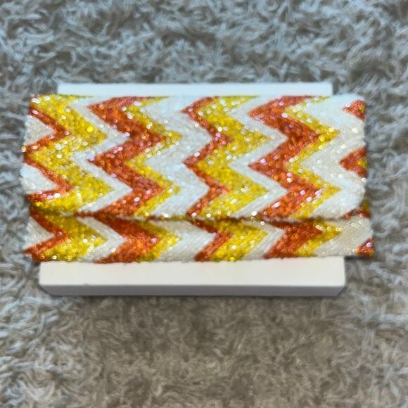 Moyna Beaded Clutch Satin Lining Orange, Yellow, And White Evening Bag, Zipper - Picture 2 of 10